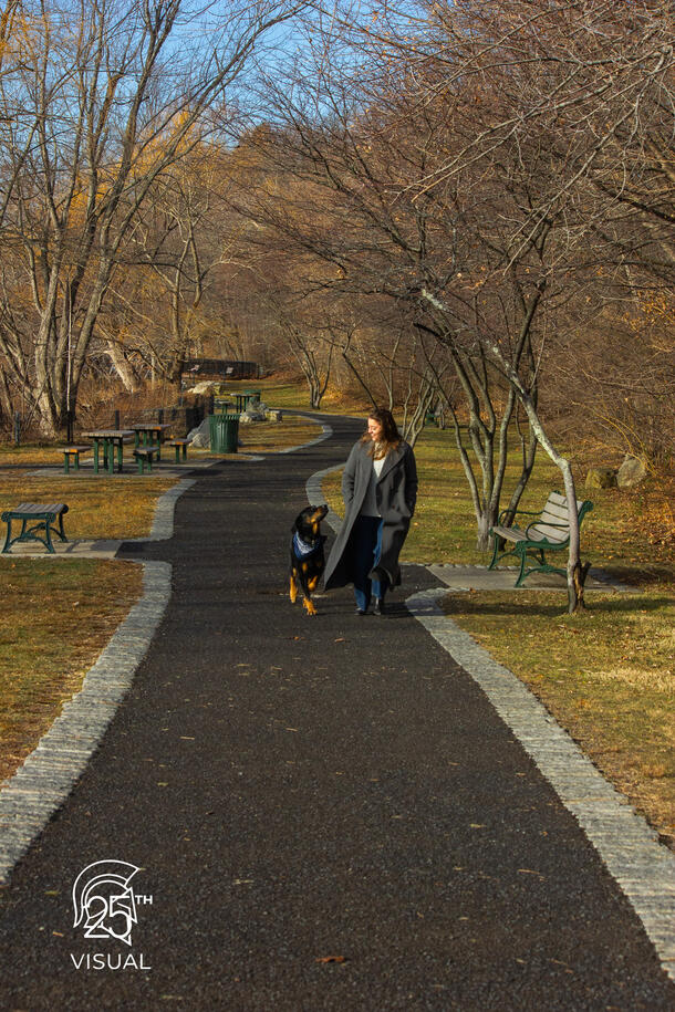 Constantina and her dog, Jeff, on a walk; pet photogoraphy